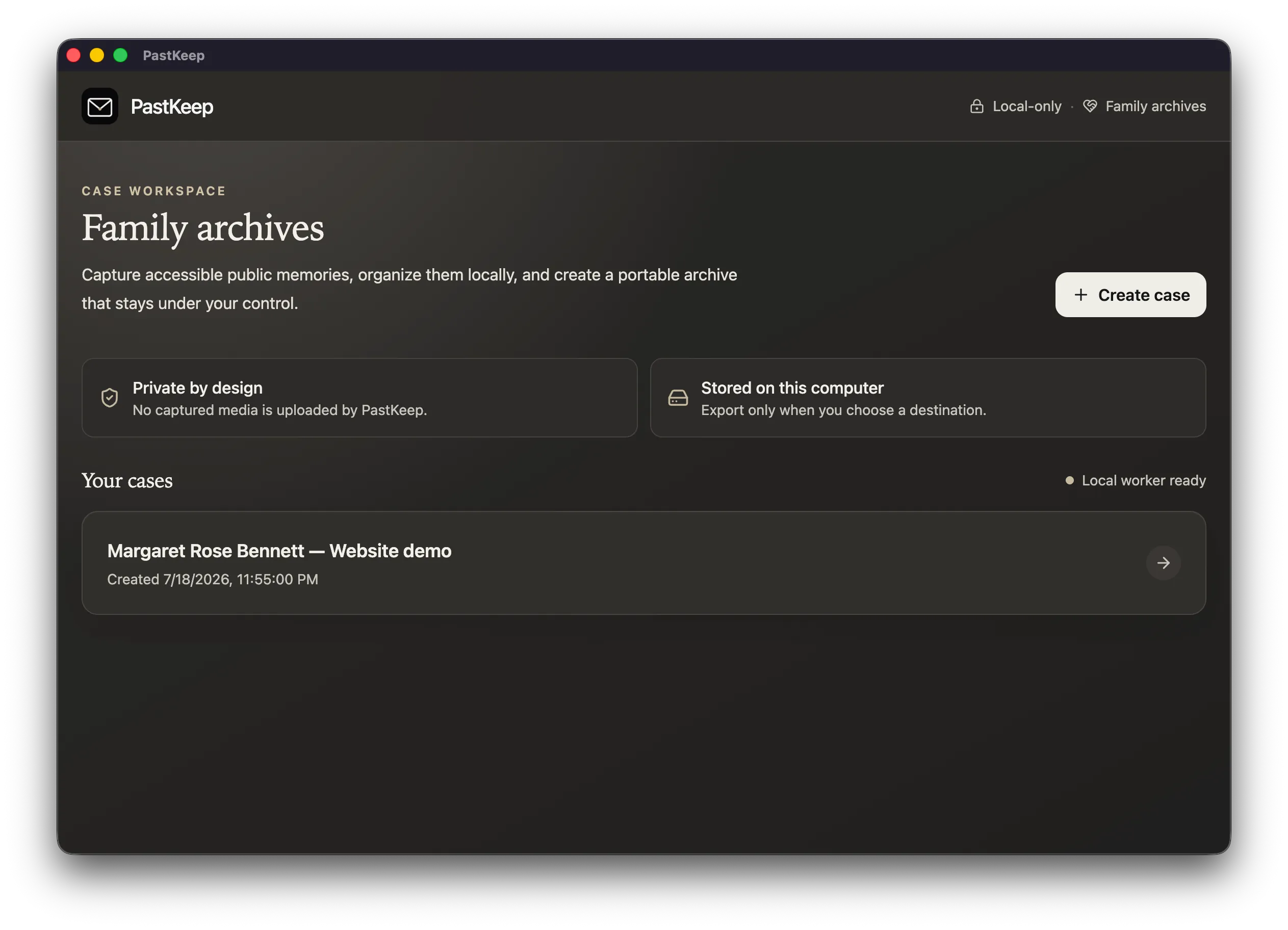 PastKeep’s case workspace showing a fictional website-demo case and its local-first privacy controls
